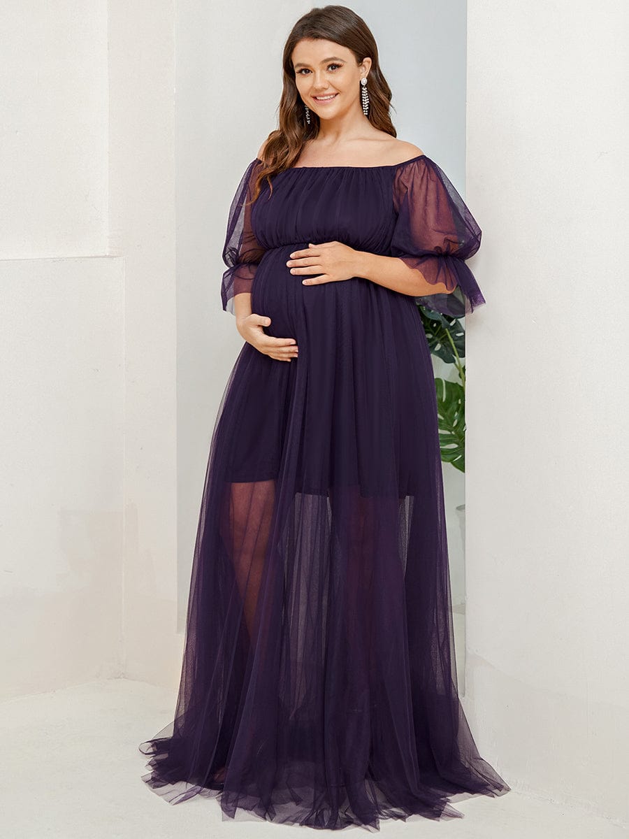 Plus Size Off-Shoulder Tulle Double Skirt Maxi Maternity Dress