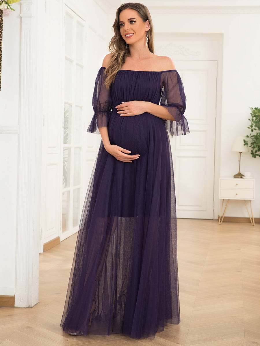 Sheer Off-Shoulder Double Skirt Maxi Maternity Dress