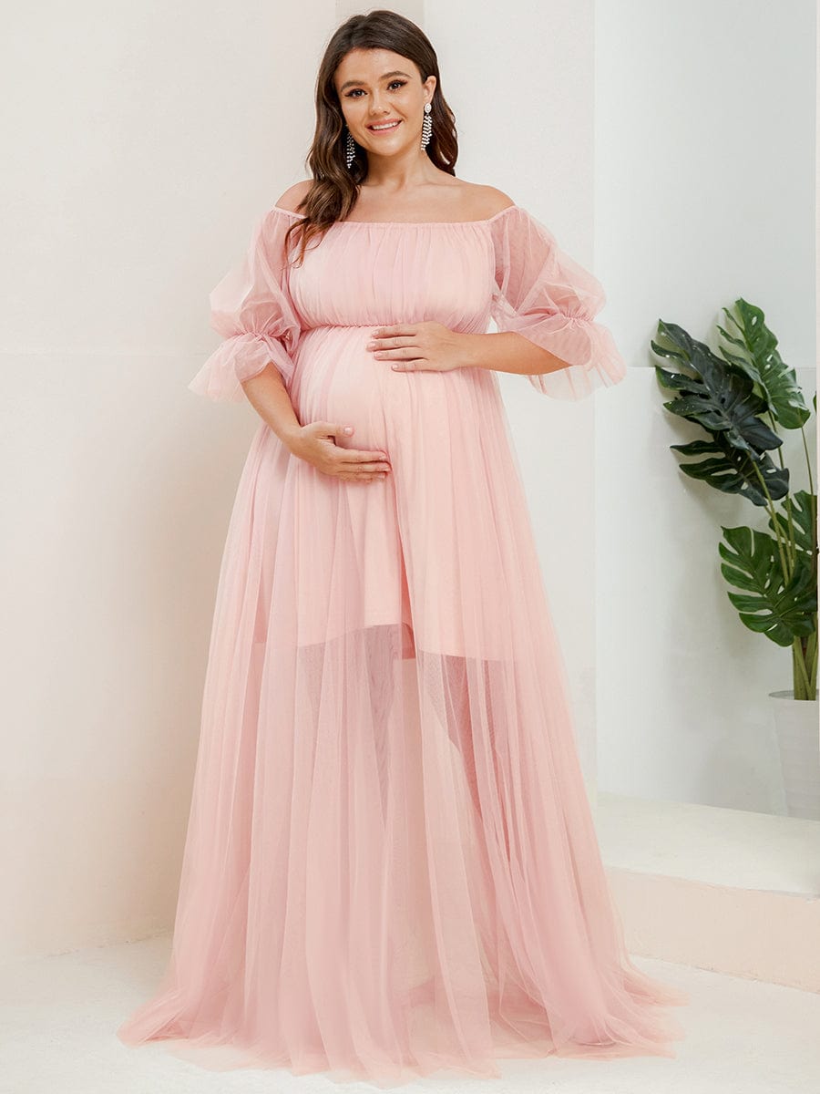 Plus Size Off-Shoulder Tulle Double Skirt Maxi Maternity Dress