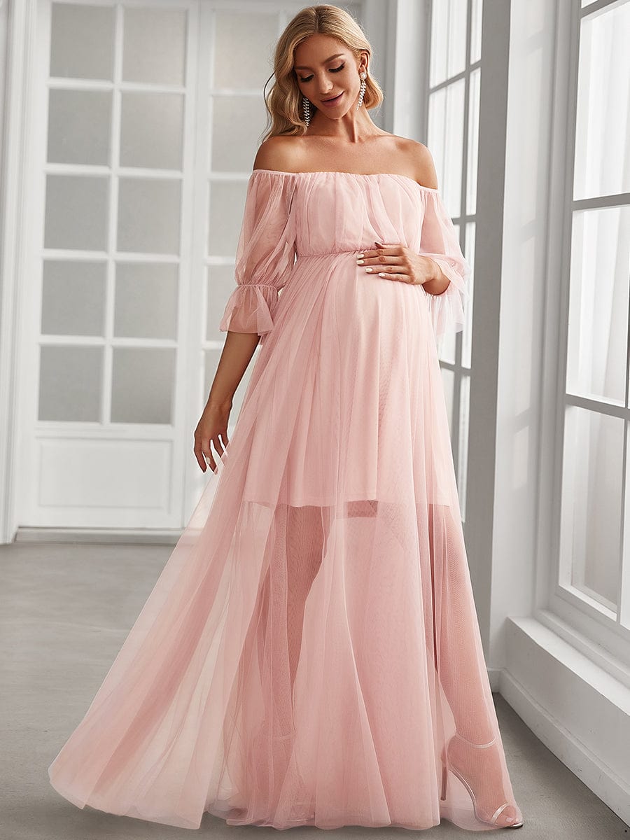 Sheer Off-Shoulder Double Skirt Maxi Maternity Dress