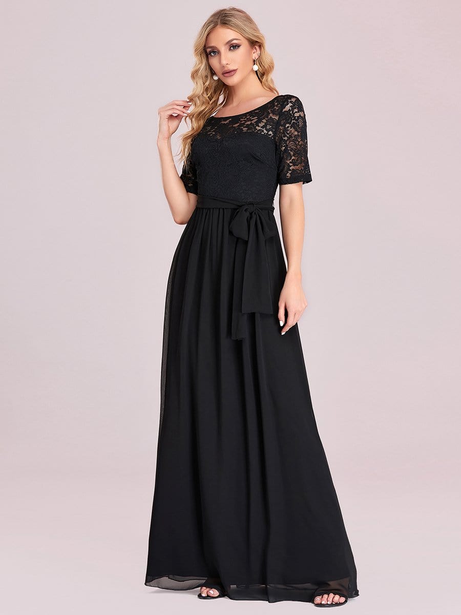 Elegant Lace Bodice Chiffon Maxi Evening Dress with Belt