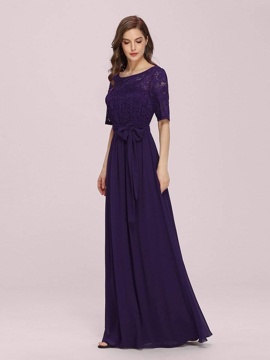 Elegant Lace Bodice Chiffon Maxi Evening Dress with Belt