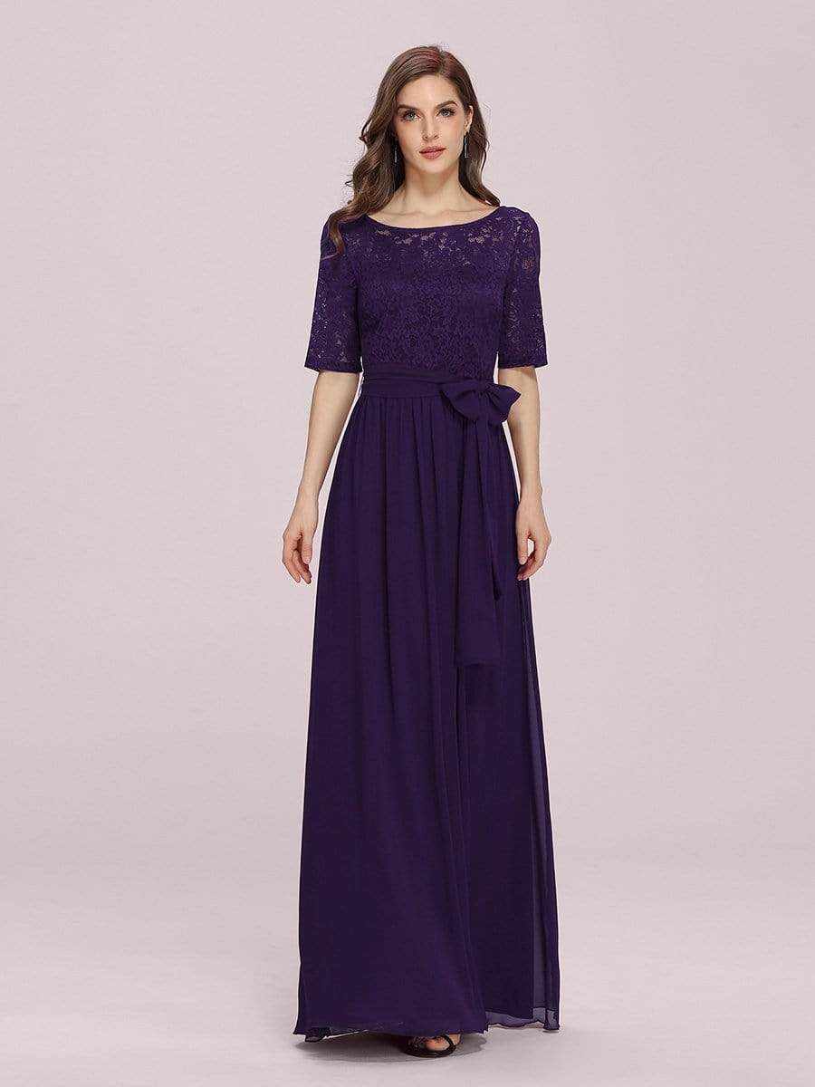 Elegant Lace Bodice Chiffon Maxi Evening Dress with Belt