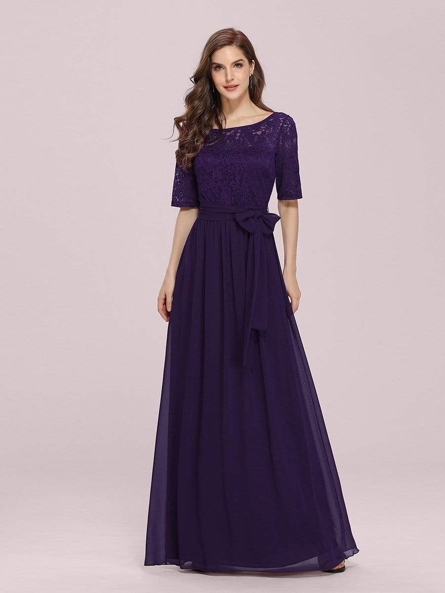 Elegant Lace Bodice Chiffon Maxi Evening Dress with Belt