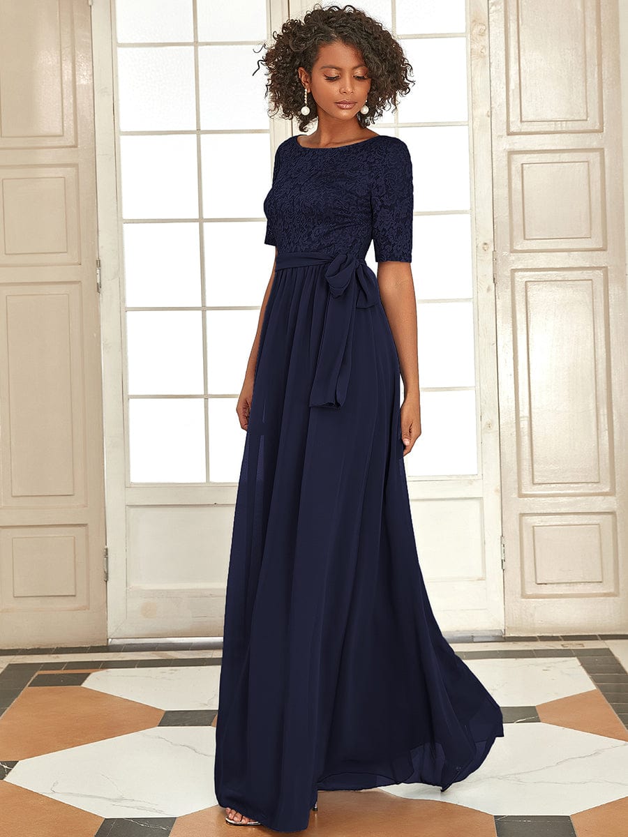 Elegant Lace Bodice Chiffon Maxi Evening Dress with Belt