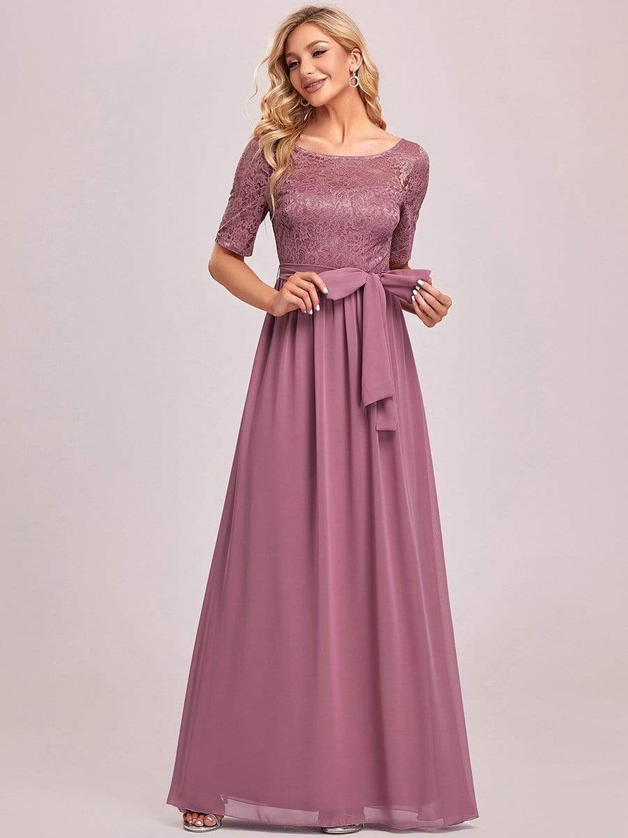 Elegant Lace Bodice Chiffon Maxi Evening Dress with Belt