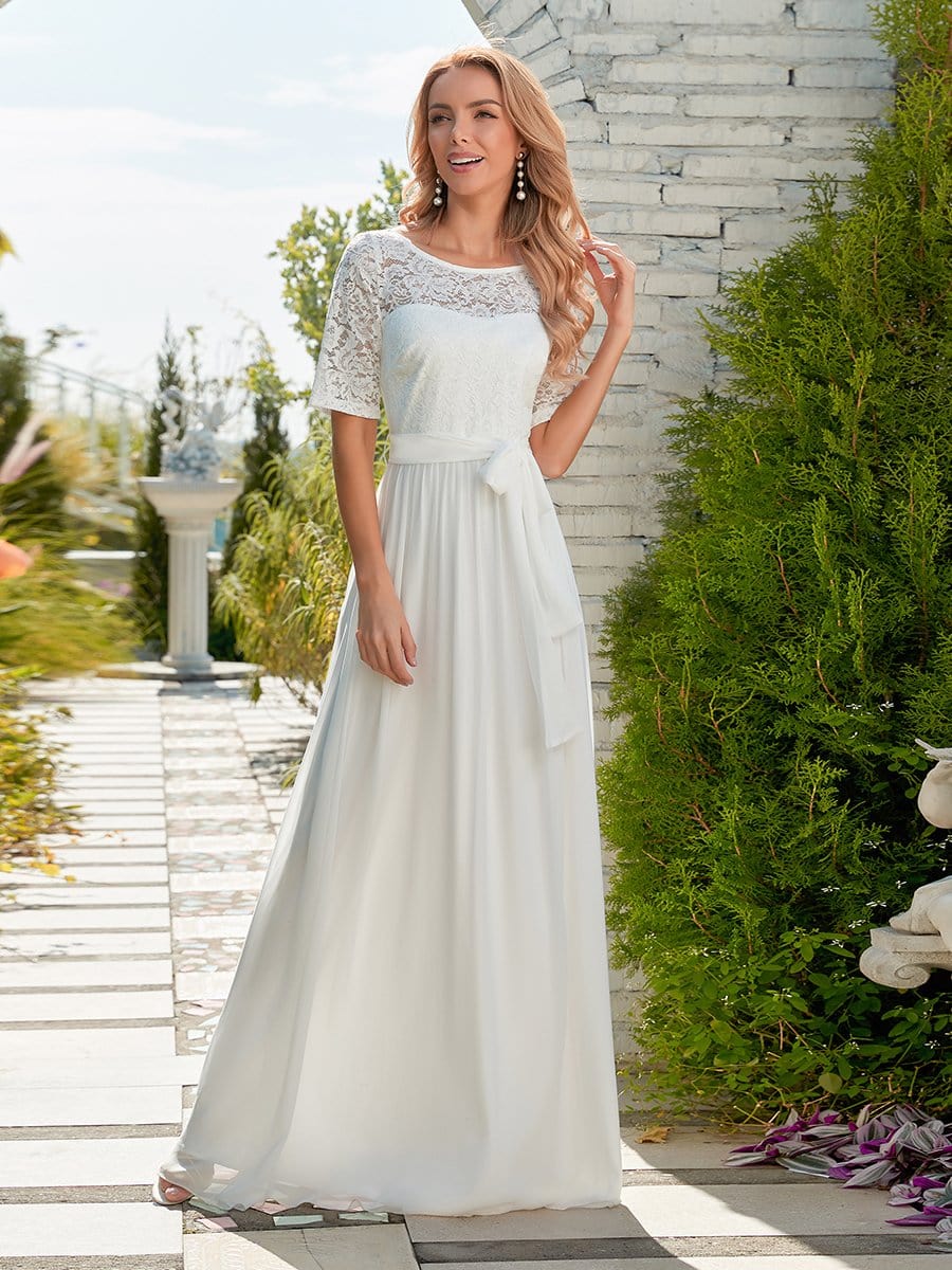 Elegant Lace Bodice Chiffon Maxi Evening Dress with Belt