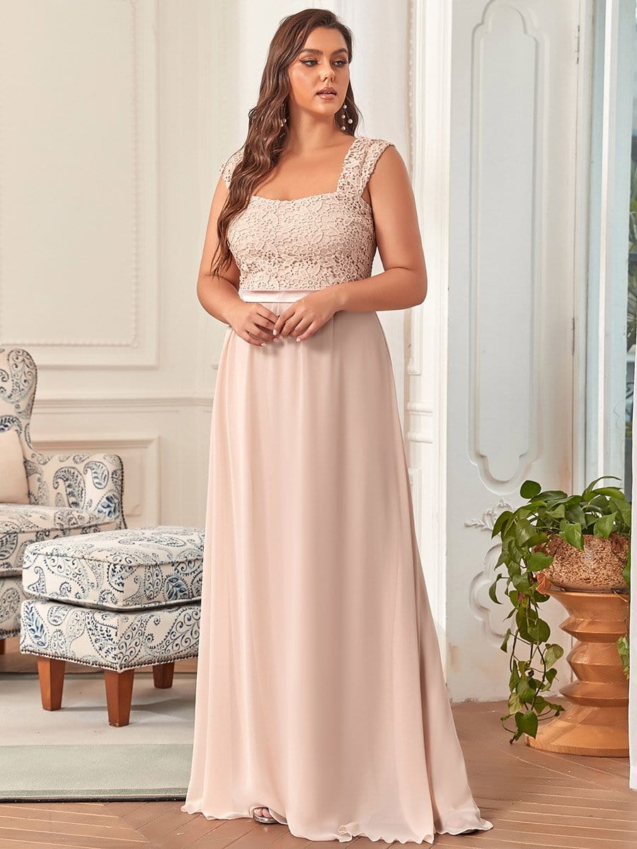 Plus Size Elegant A Line Long Chiffon Bridesmaid Dress With Lace Bodice