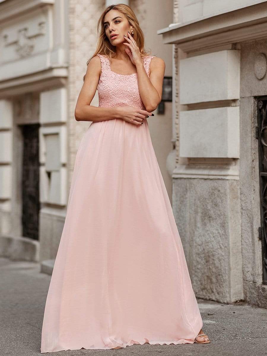 Elegant A Line Long Chiffon Bridesmaid Dress With Lace Bodice