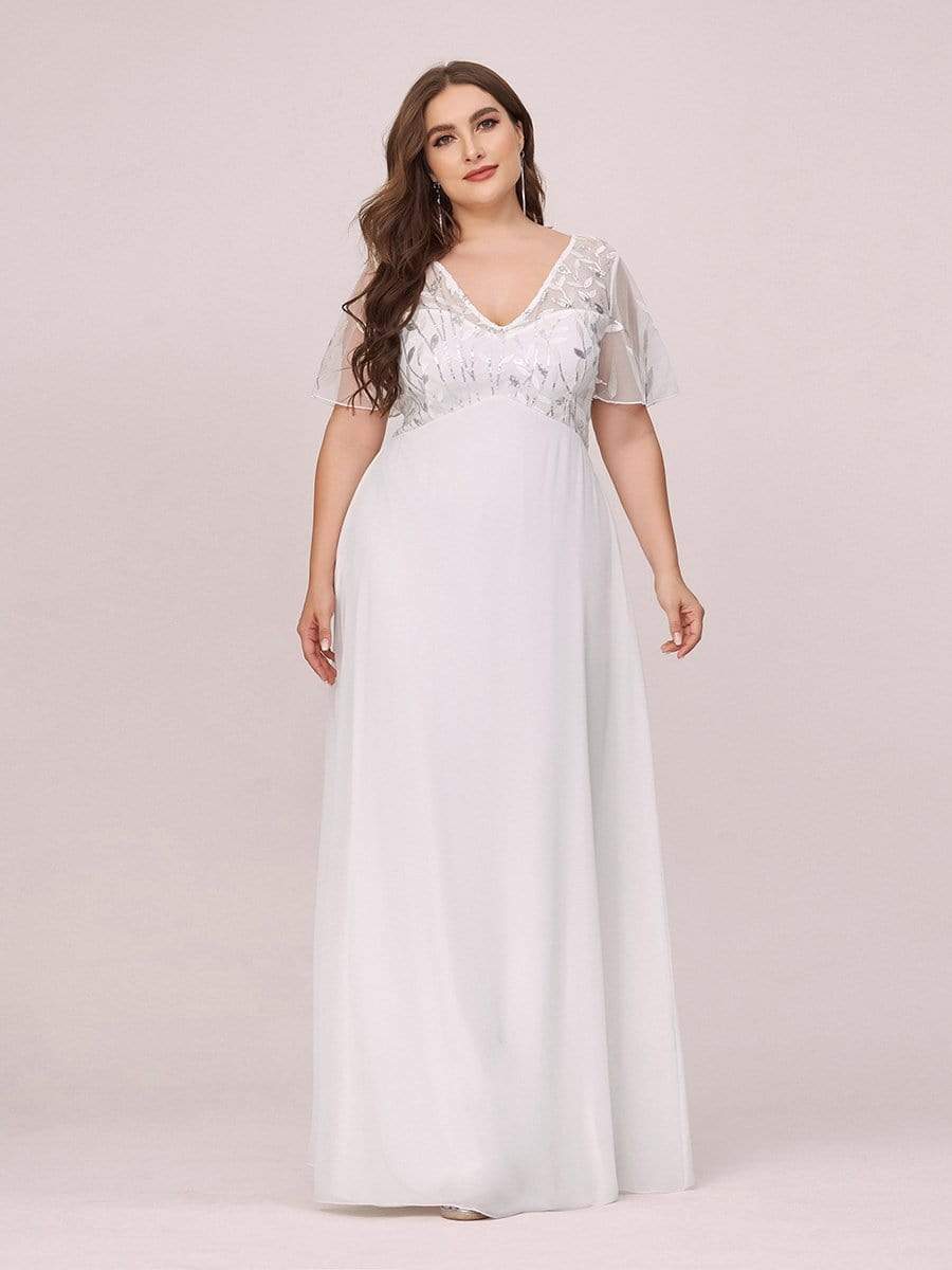 Plus Size V Neck Long Empire Formal Dresses with Sleeves