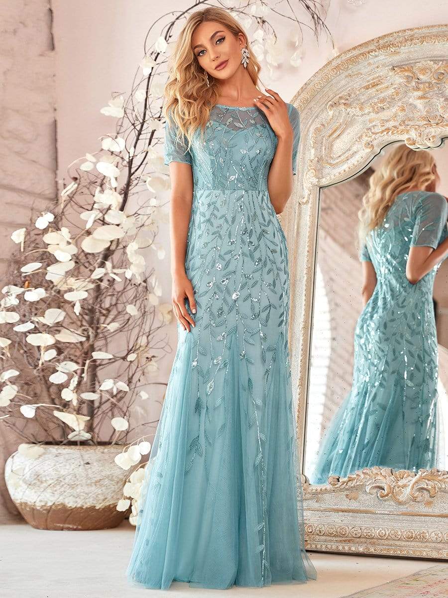 Floral Sequin Maxi Fishtail Tulle Prom Dress with Short Sleeve