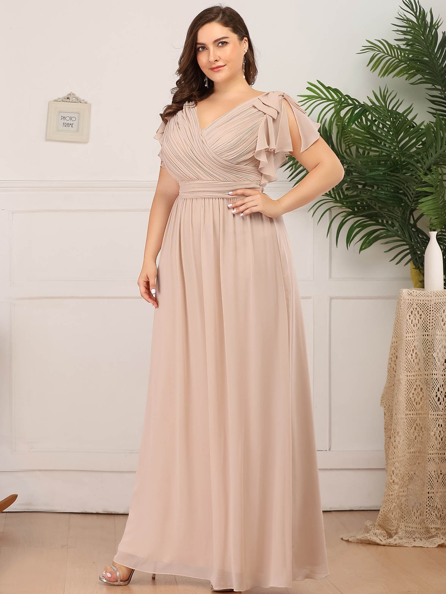 Custom Size Elegant Pleated Ruffles Sleeves Chiffon Evening Dress