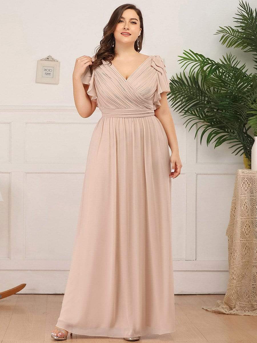 Plus Size Ruched Bodice Formal Evening Dresses with Ruffles Sleeves