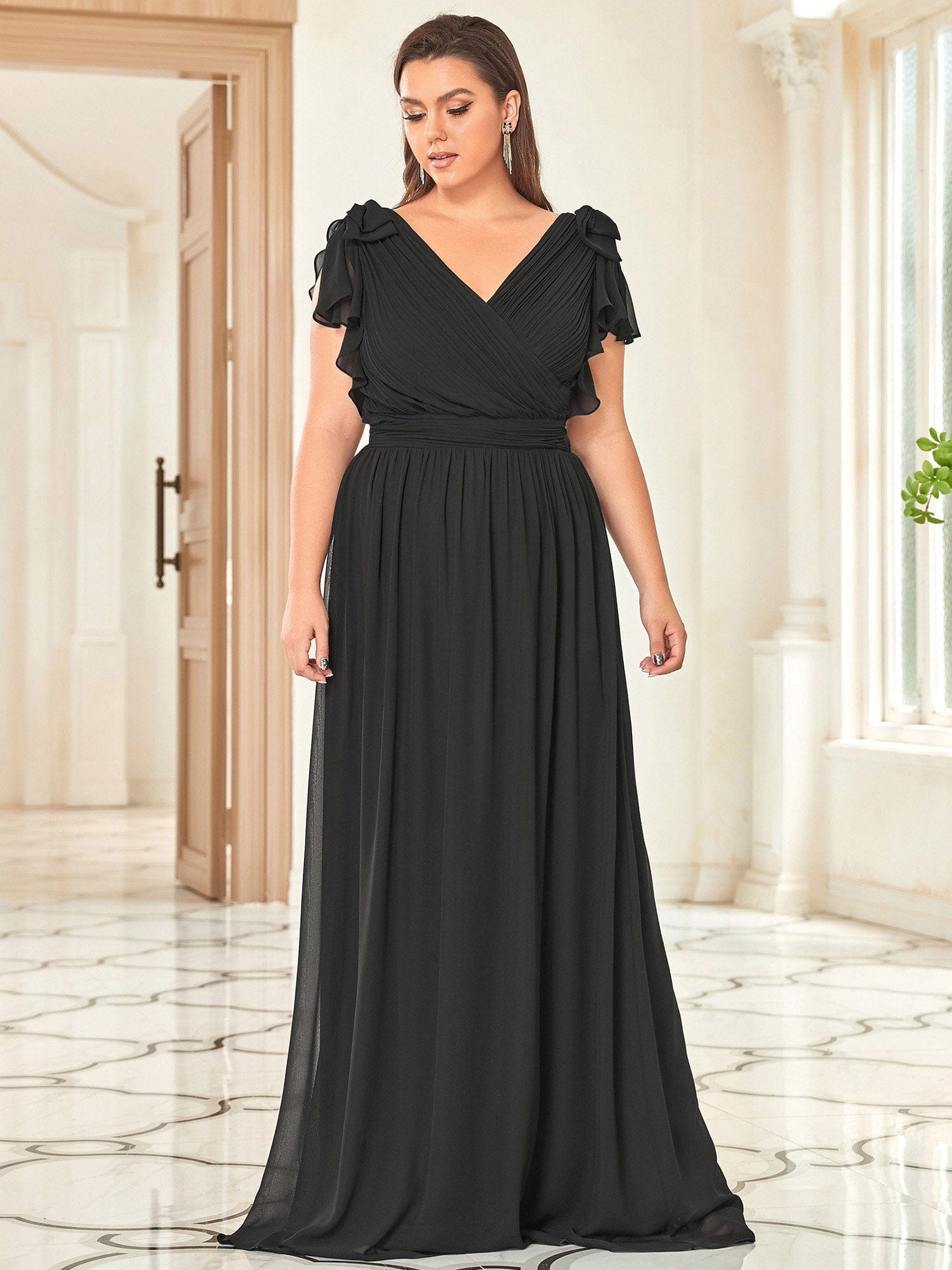 Custom Size Elegant Pleated Ruffles Sleeves Chiffon Evening Dress