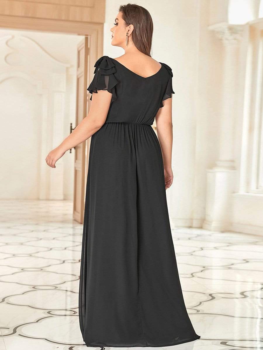 Plus Size Ruched Bodice Formal Evening Dresses with Ruffles Sleeves