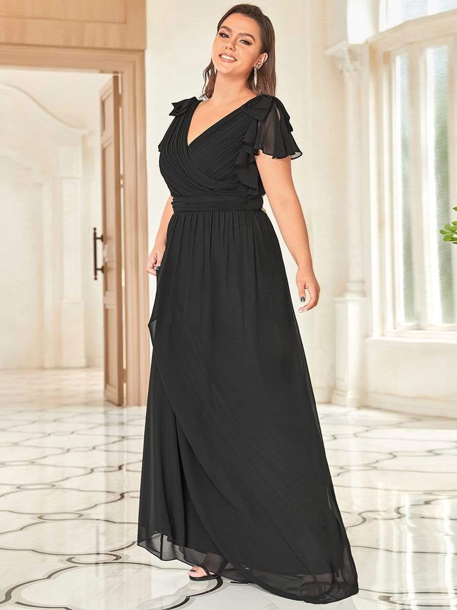 Plus Size Ruched Bodice Formal Evening Dresses with Ruffles Sleeves