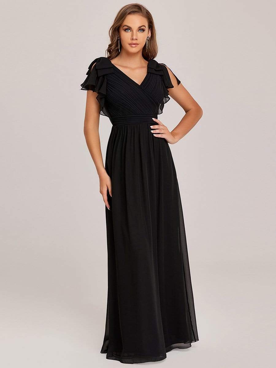 Elegant Pleated Bodice Ruffles Sleeves Chiffon Evening Dress