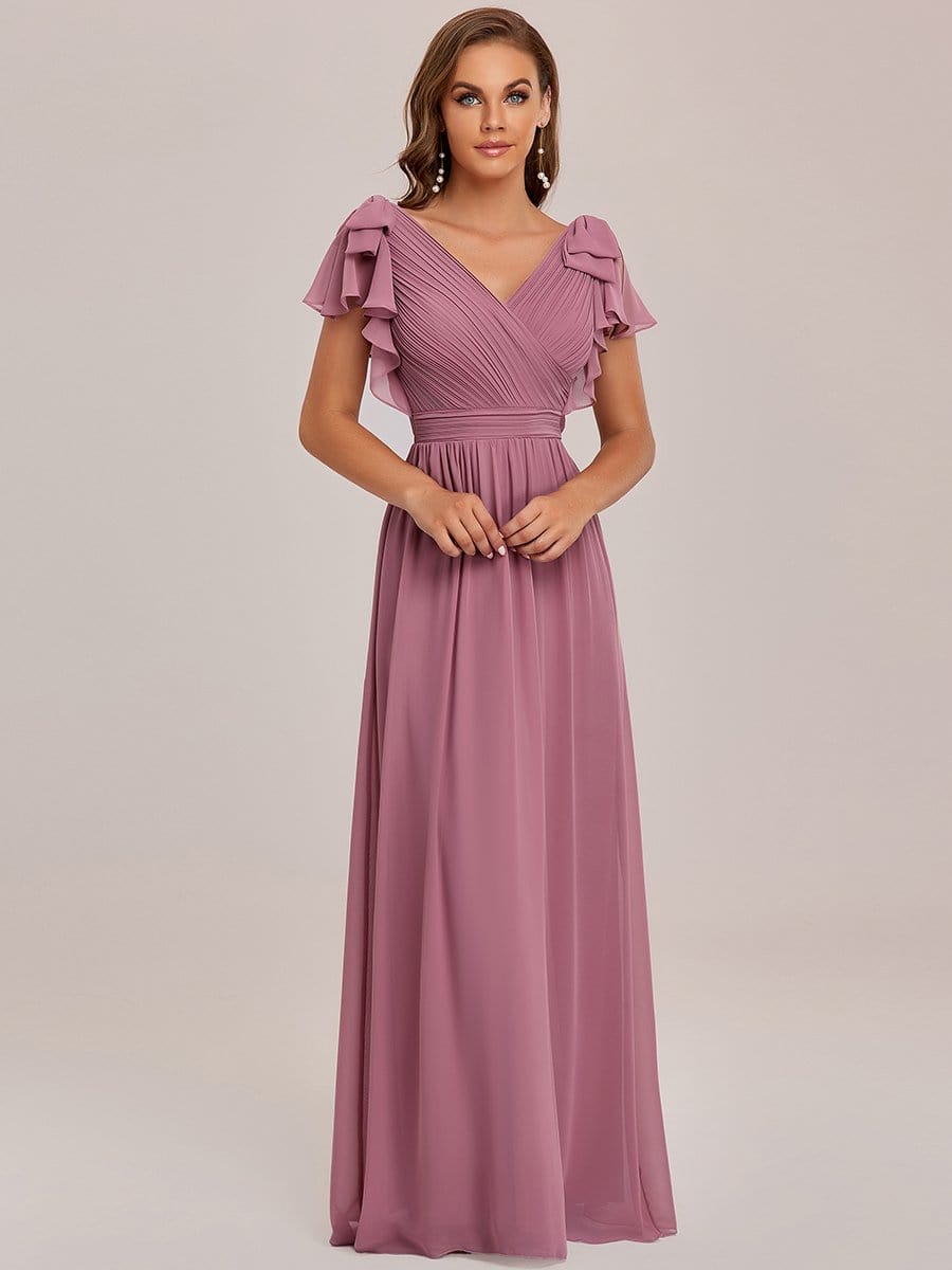 Elegant Pleated Bodice Ruffles Sleeves Chiffon Evening Dress