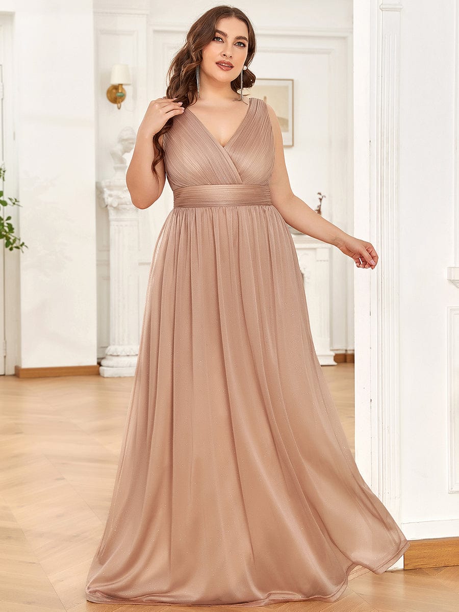 Double V Neck Maxi Long Plus Size Sparkly Evening Dresses for Party