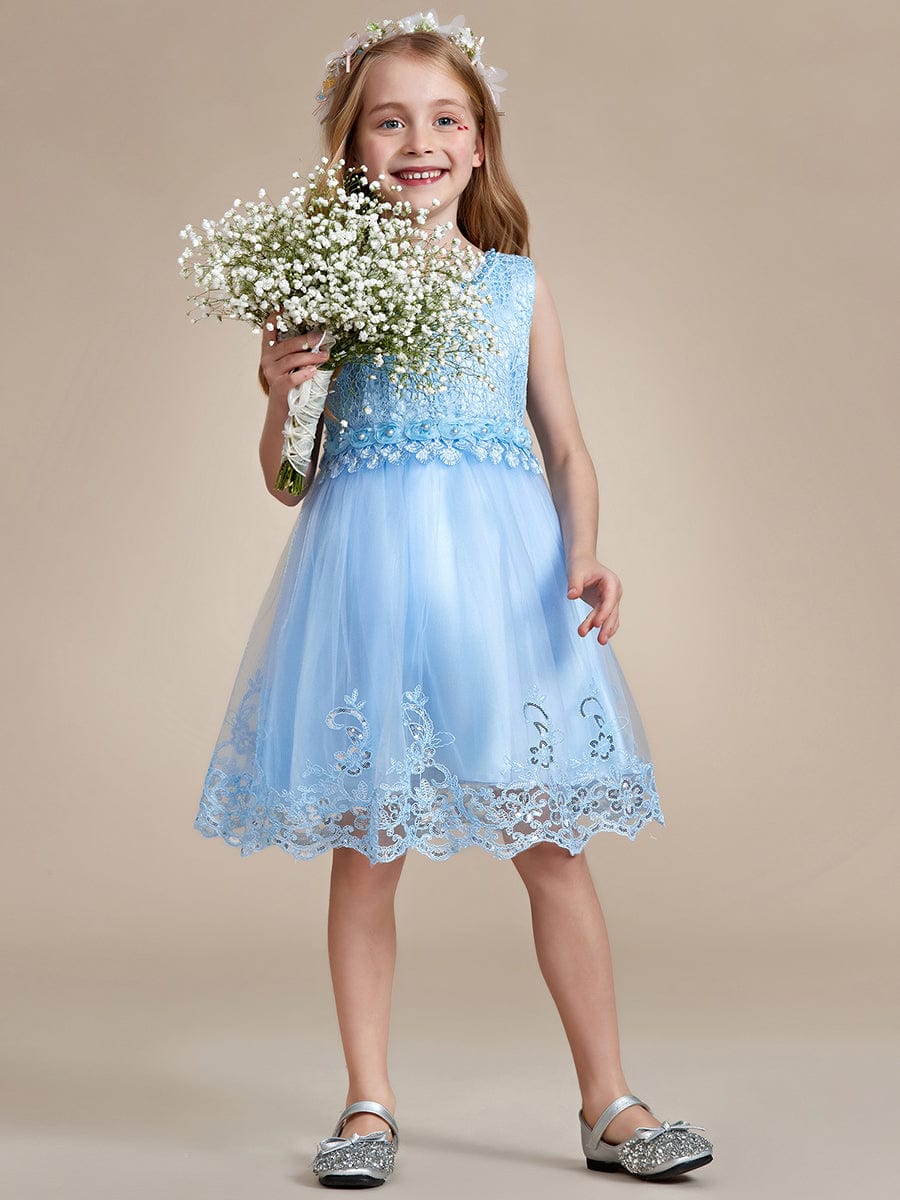 Beaded Lace Applique Sleeveless Flower Girl Dress With Back Bow-Knot