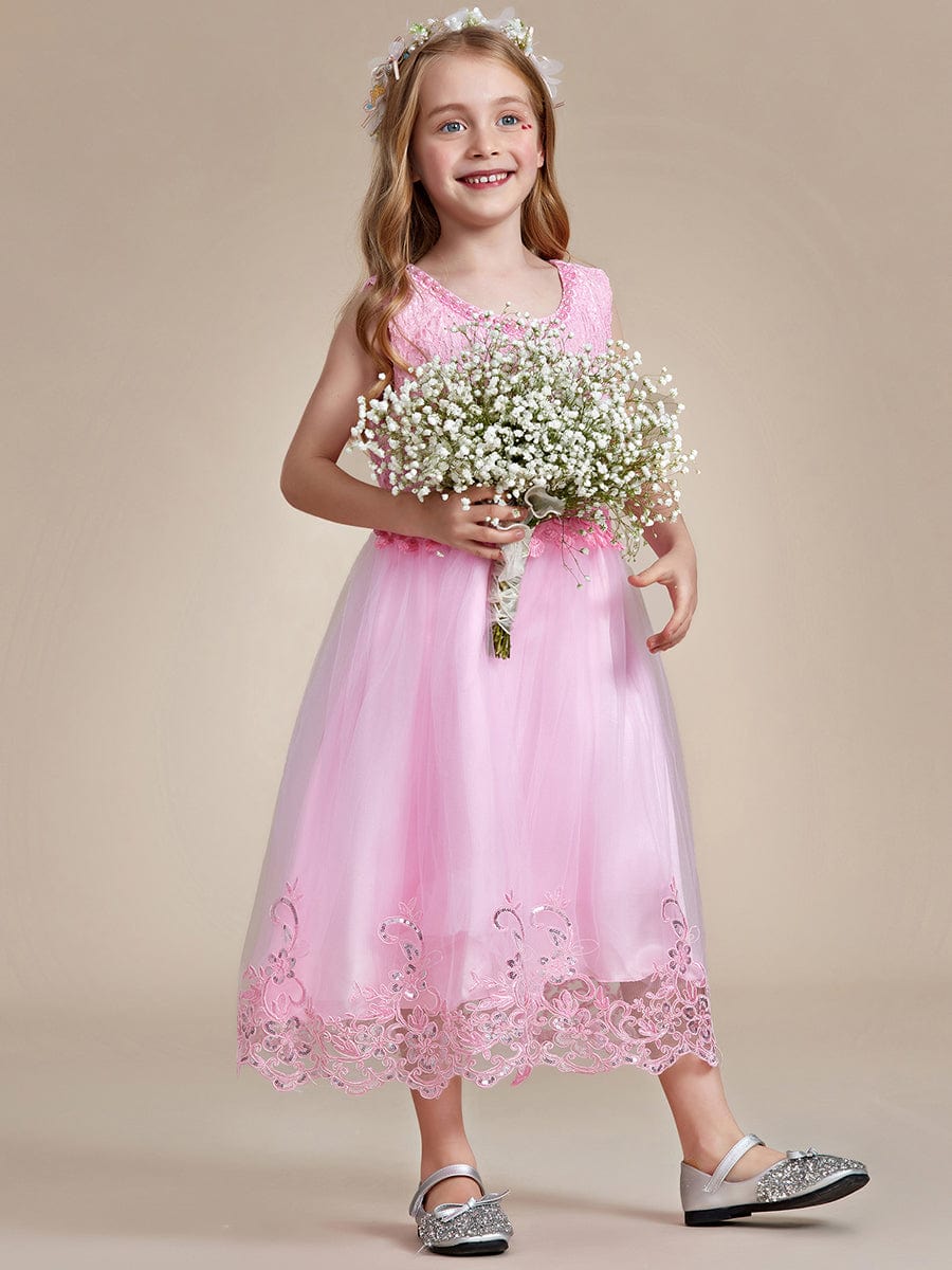 Beaded Lace Applique Sleeveless Flower Girl Dress With Back Bow-Knot