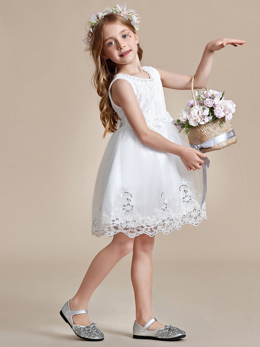 Beaded Lace Applique Sleeveless Flower Girl Dress With Back Bow-Knot