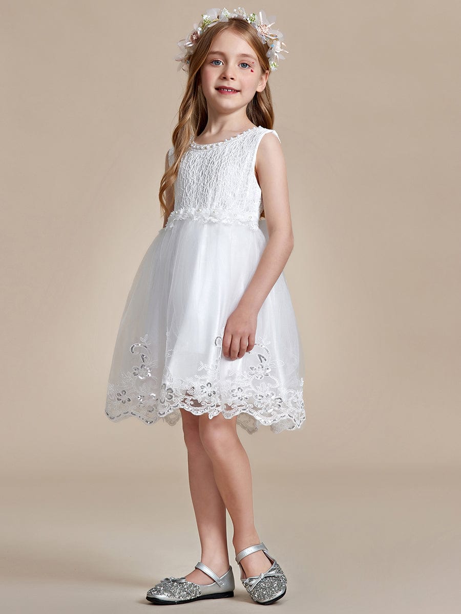 Beaded Lace Applique Sleeveless Flower Girl Dress With Back Bow-Knot