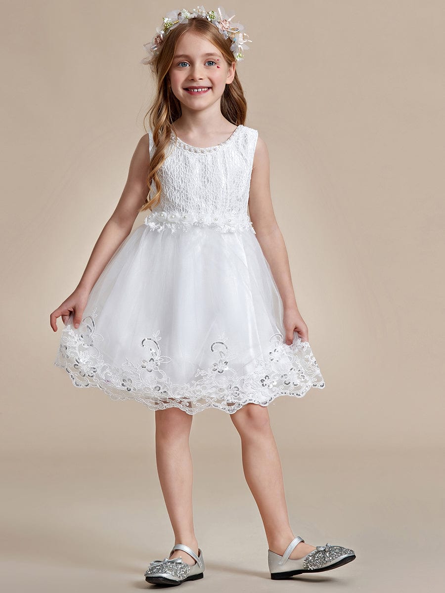 Beaded Lace Applique Sleeveless Flower Girl Dress With Back Bow-Knot