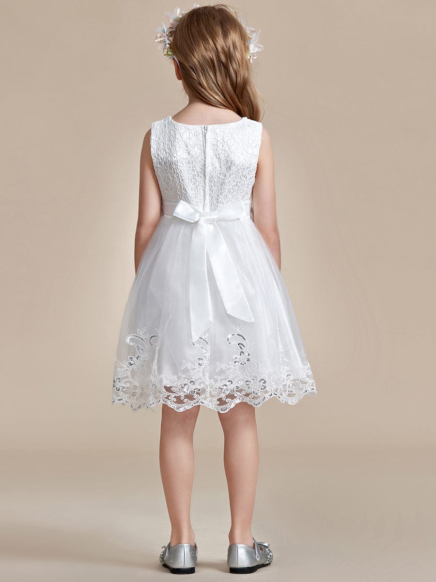 Beaded Lace Applique Sleeveless Flower Girl Dress With Back Bow-Knot