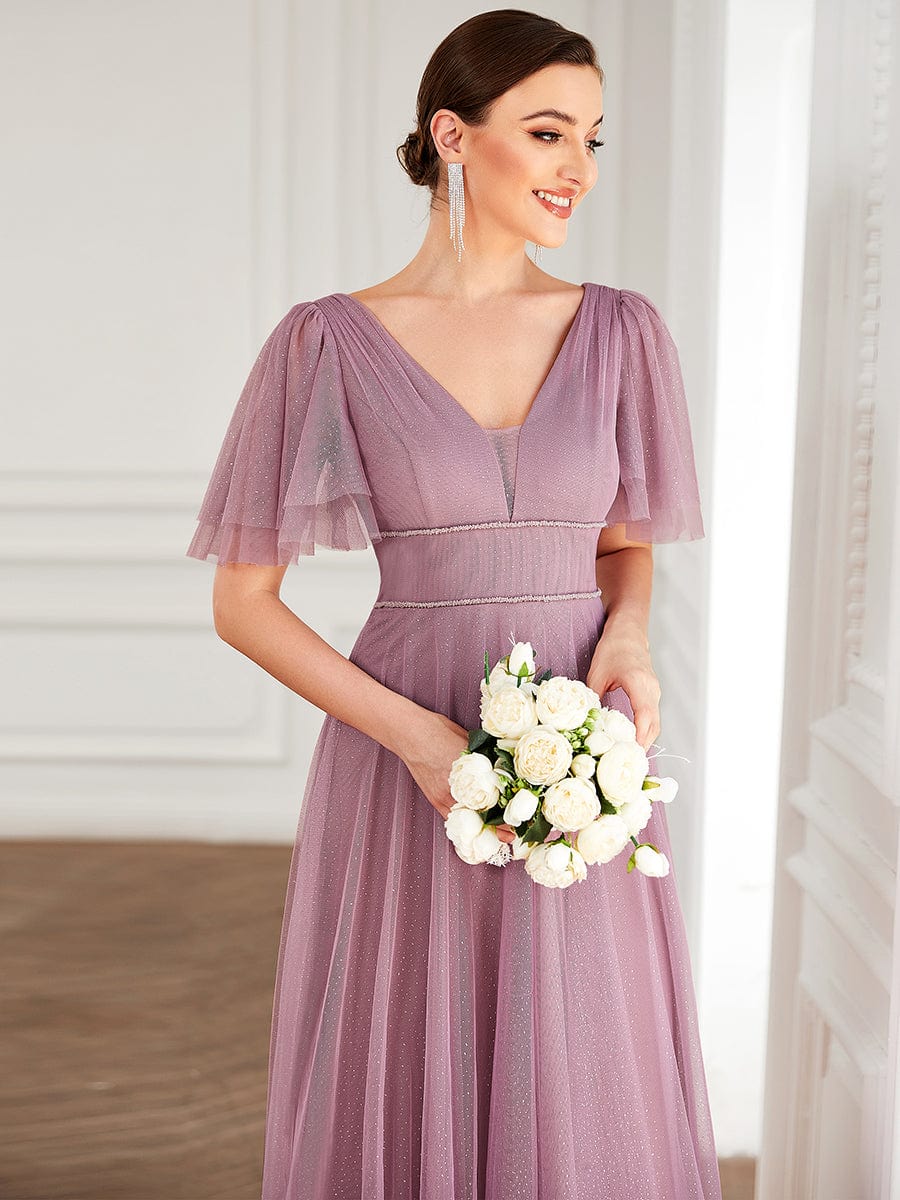 Romantic V Neck Tulle Evening Dress with Ruffle Sleeves