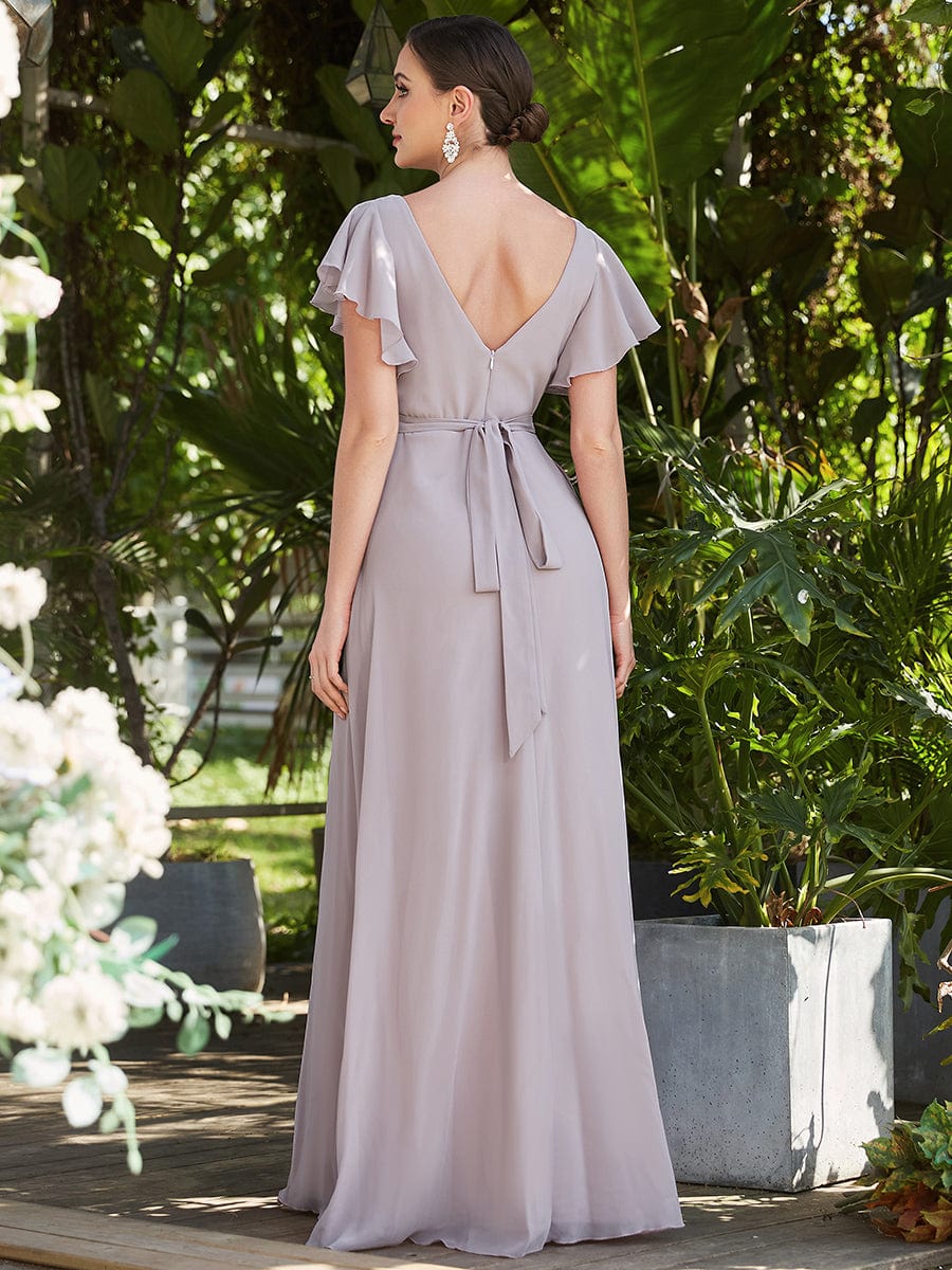 Short Ruffle Sleeve V-Neck Pleated Chiffon A-Line Evening Dress