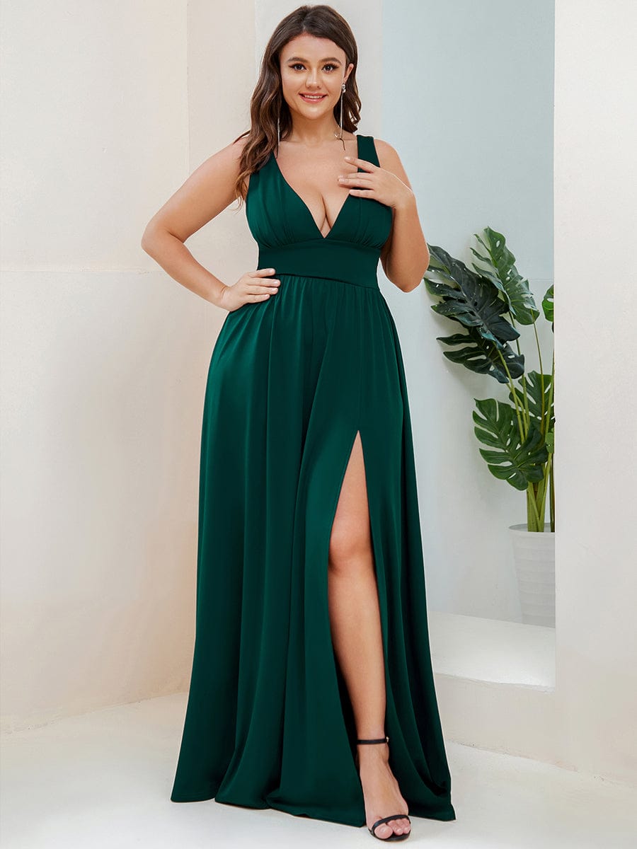 Plus Size Sleeveless V-Neck Empire Waist High Slit Floor-Length Evening Dress