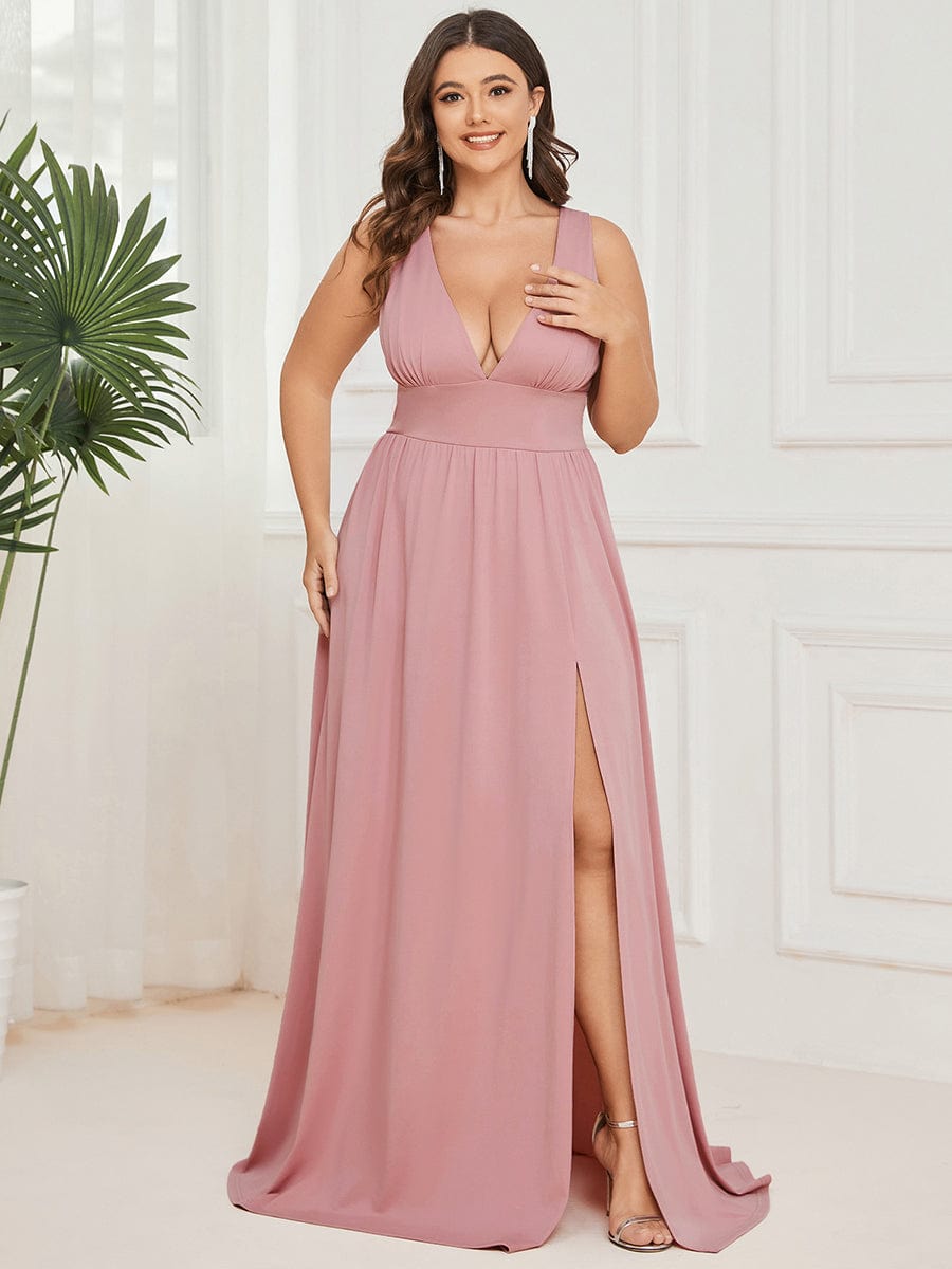 Plus Size Sleeveless V-Neck Empire Waist High Slit Floor-Length Evening Dress