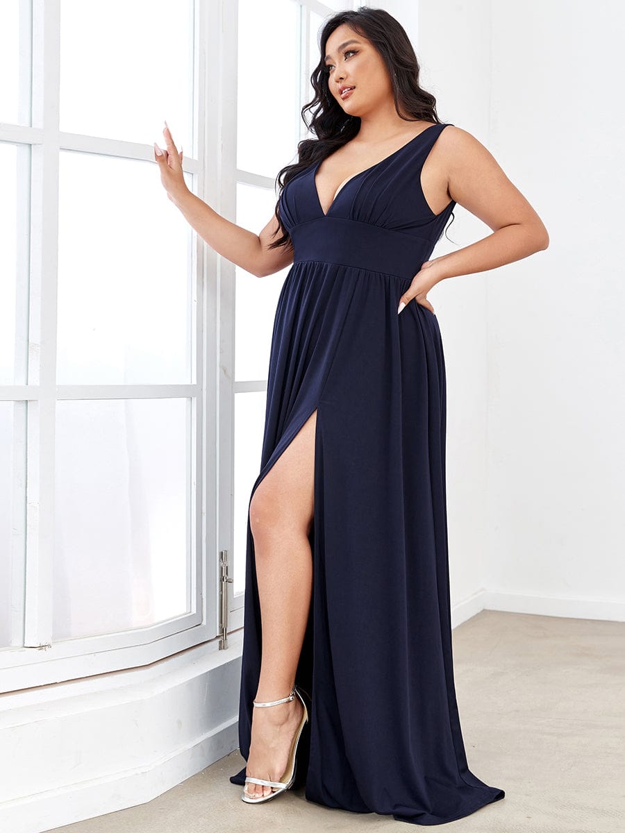 Plus Size Sleeveless V-Neck Empire Waist High Slit Floor-Length Evening Dress