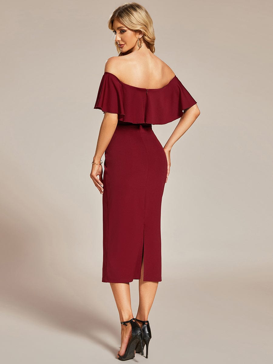 Off The Shoulder Bodycon Tea Length Wedding Guest Dress