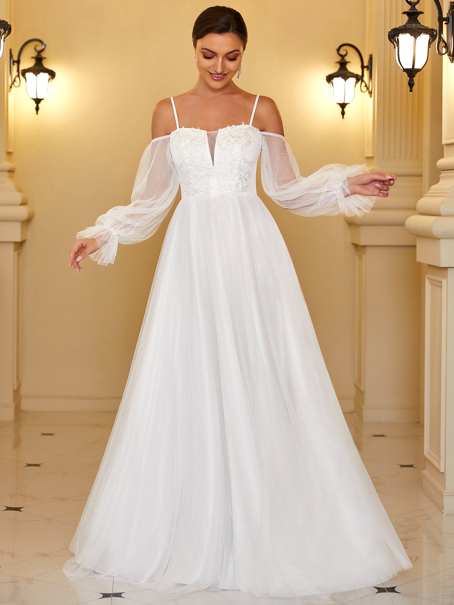 Boho Chic Cold Shoulder Lantern Sleeve Wedding Dress