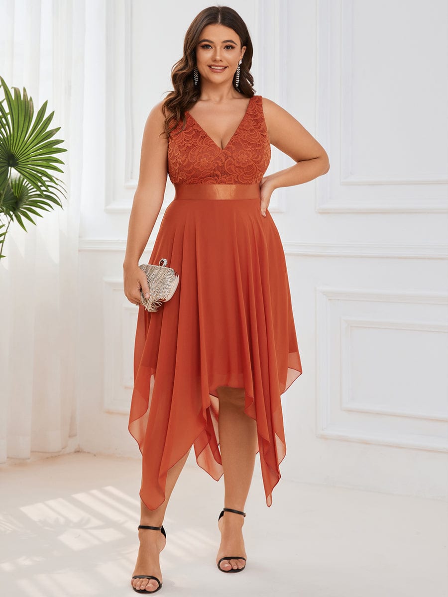 Deep V-Neck Lace Chiffon Bridesmaid Dress with Asymmetrical Hem