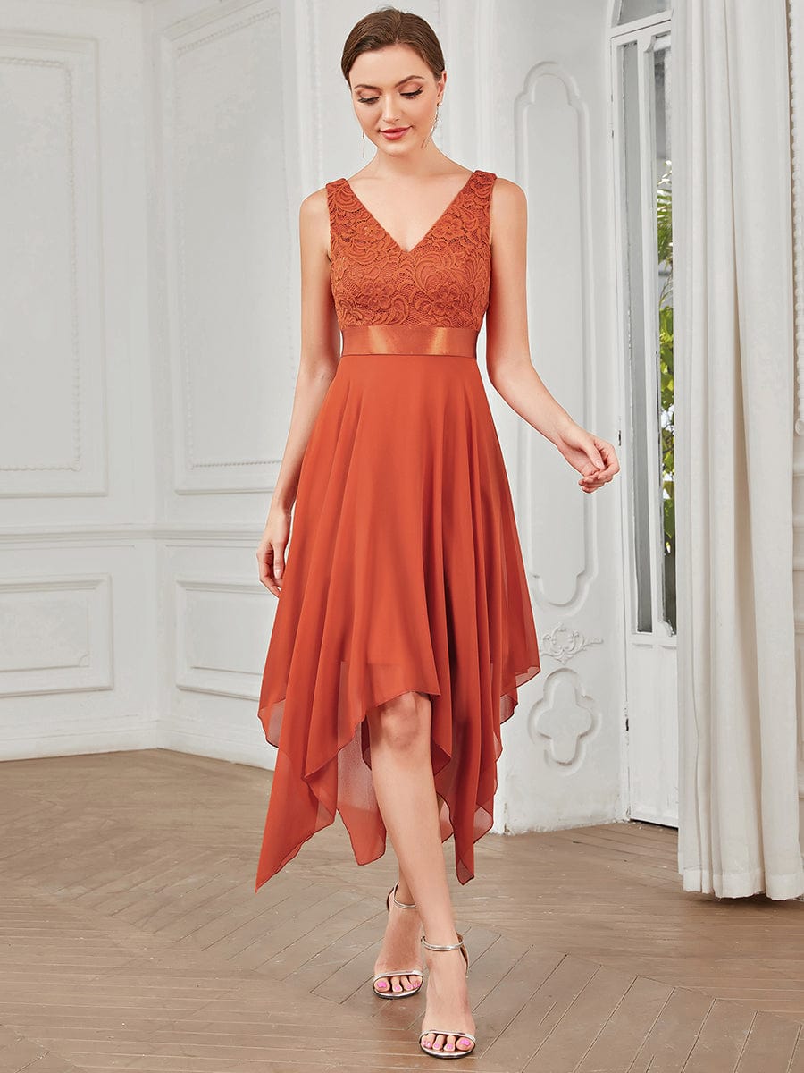 Deep V-Neck Lace Chiffon Bridesmaid Dress with Asymmetrical Hem