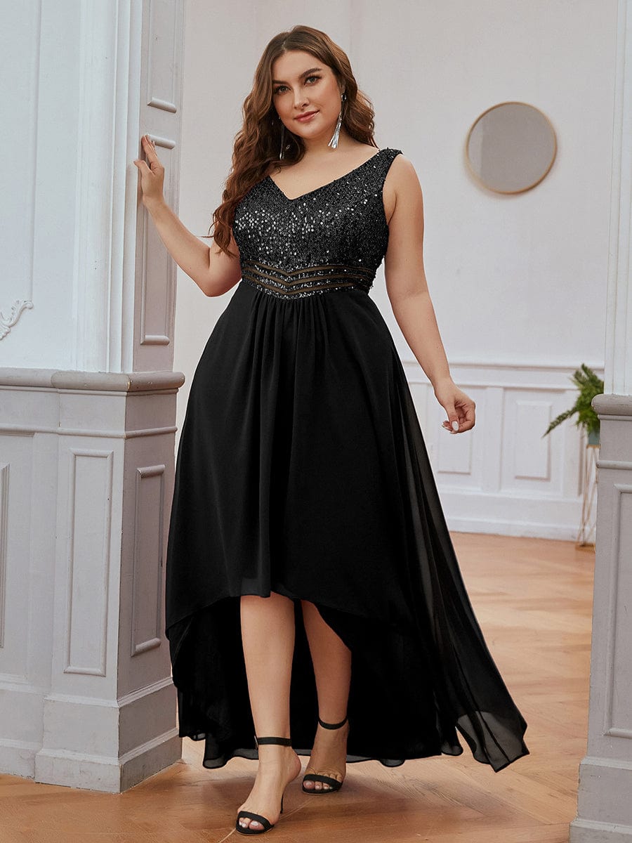 Elegant Paillette & Chiffon V-neck A-line Sleeveless Plus Size Formal Evening Dresses