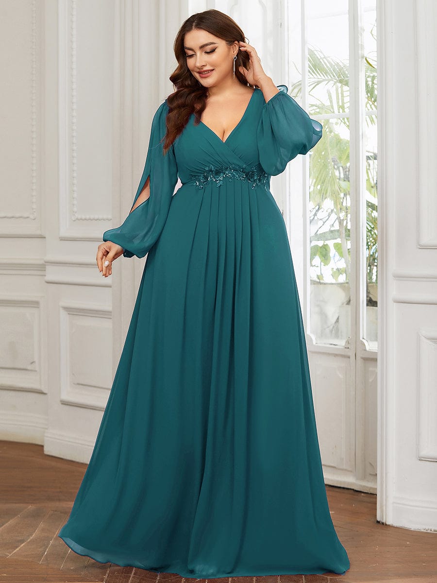 Elegant Chiffon V-Neckline Long Sleeve Formal Evening Dress