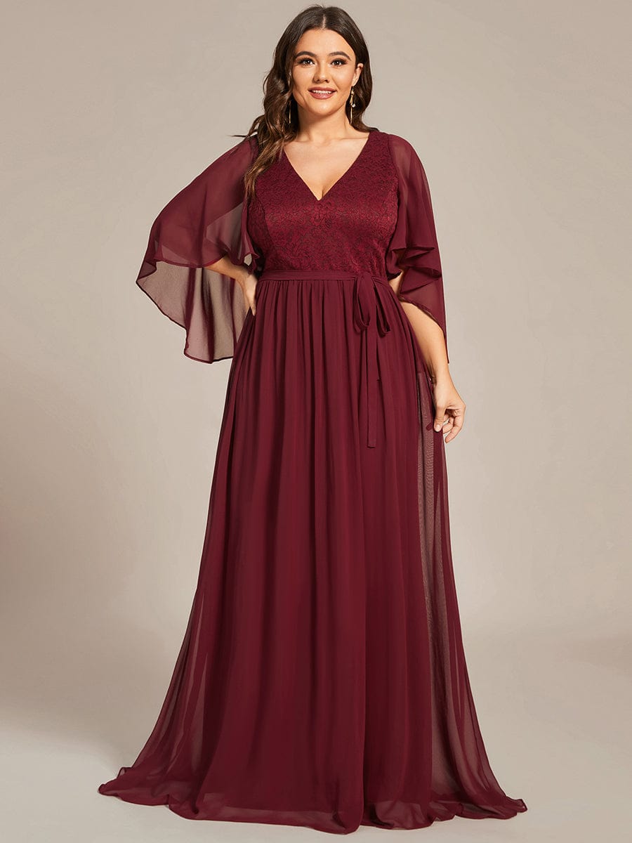 Capreze Women Maxi Dresses Solid Color Ball Gown Long Sleeve Evening Dress  Shiny V Neck Wine Red 2XL 