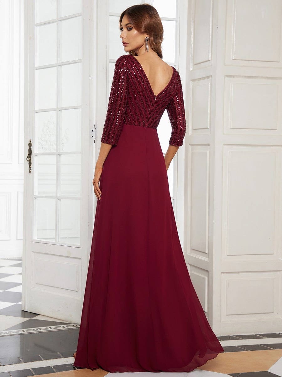 Sexy V Neck Sequin Evening Dresses with 3/4 Sleeve