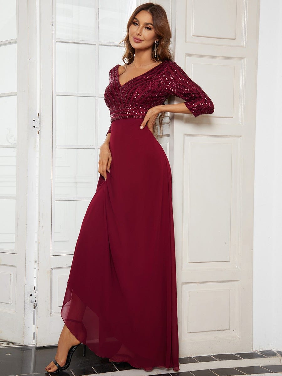 Sexy V Neck Sequin Evening Dresses with 3/4 Sleeve