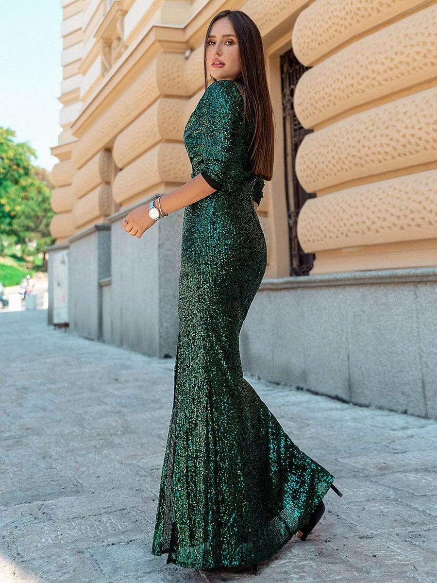 Shiny V Neck Sequin Long Sleeves Evening Dress