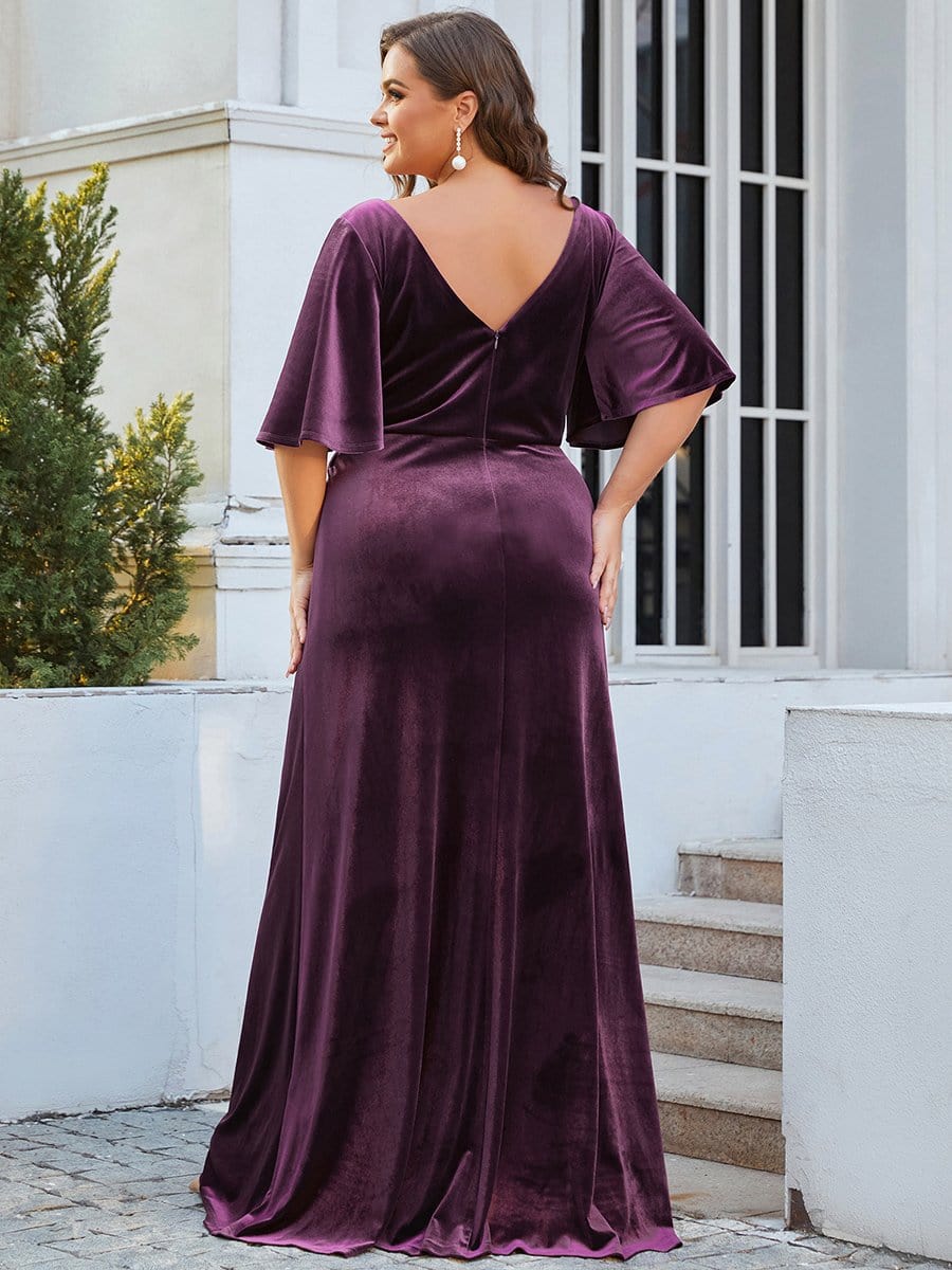 Elegant Double V Neck Velvet Party Dress with Sleeves