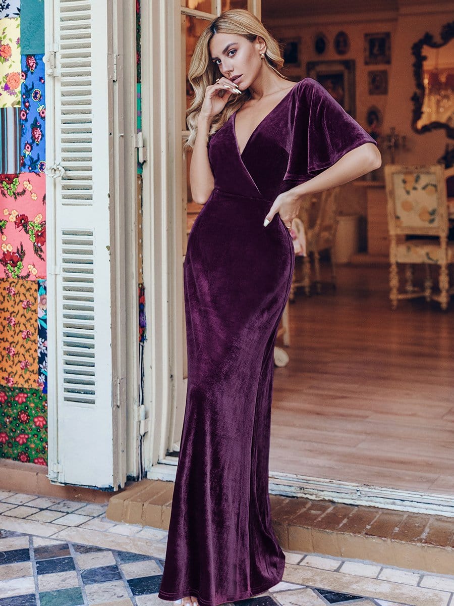 Elegant Double V Neck Velvet Party Dress with Sleeves