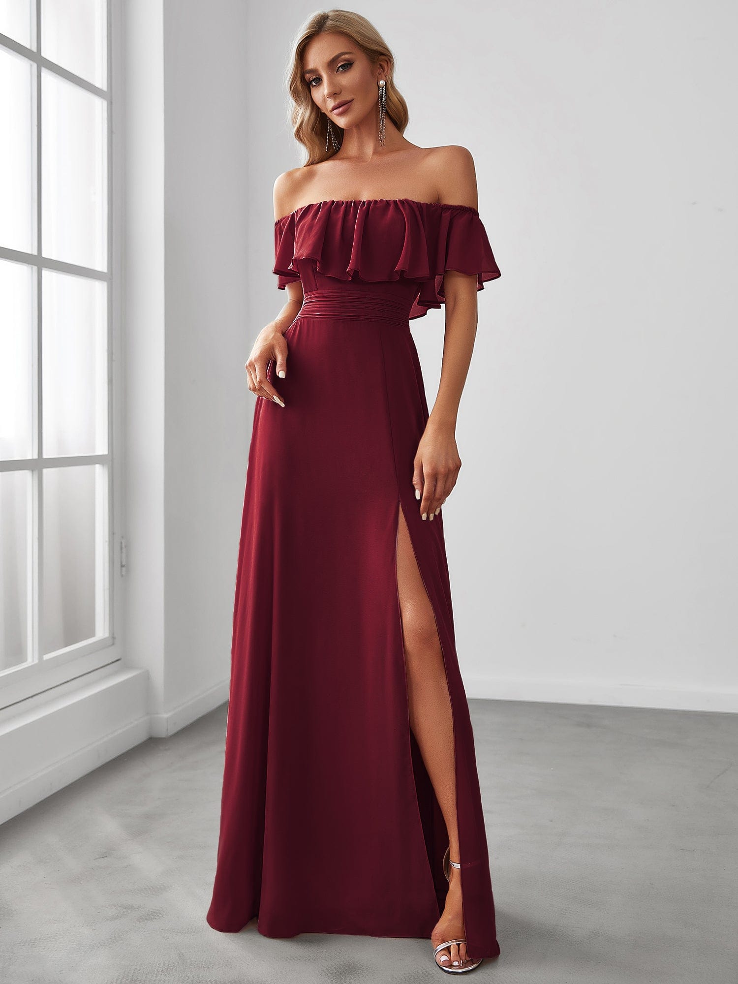 Off the Shoulder Side Split Burgundy Bridesmaid Dress - Ever-Pretty US