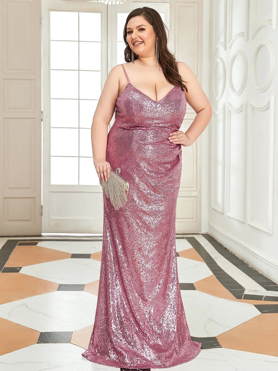 Sexy Plus Size V Neck Sequin Formal Evening Dress #color_Purple Orchid 