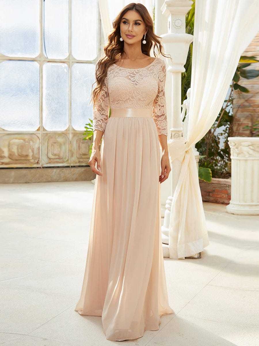 See-Through Floor Length Lace Chiffon Evening Dress with Half Sleeve