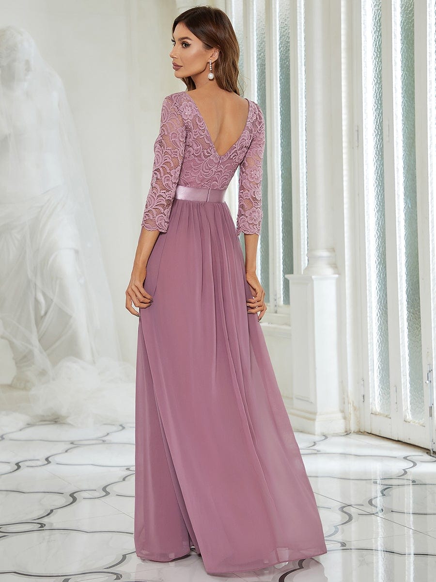 See-Through Floor Length Lace Chiffon Evening Dress with Half Sleeve